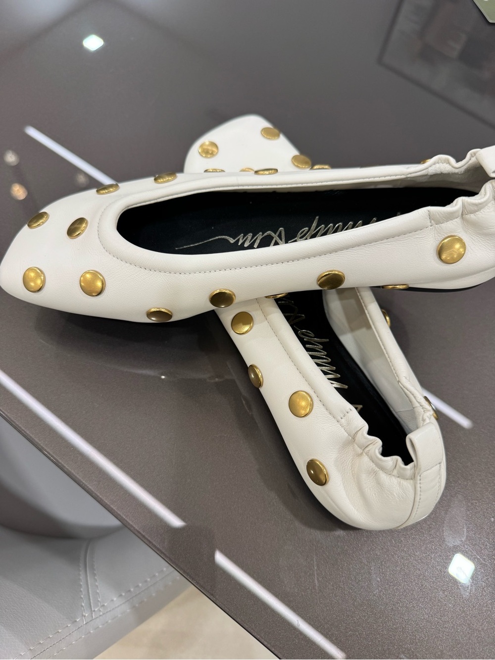 3.1 Phillip Lim White Leather Studded Ballet Flats with Gold Accents - Picture 2 of 3